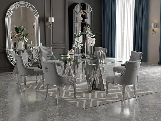 Dining Table for 4-8, 78“ Modern Falcone Kitchen and Dining Table with Tempered Glass Top, Silver Dinner Table for Dining Room, Kitchen, Party