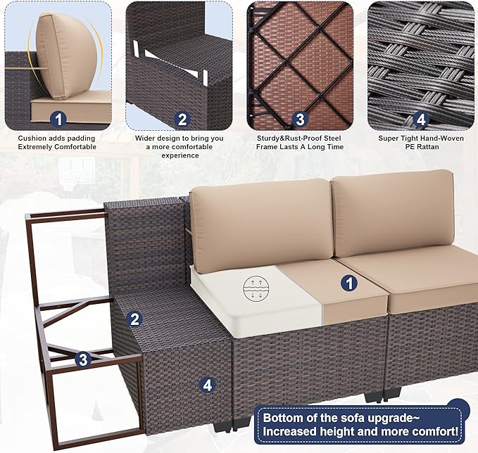 Kurapika 14 Pieces Patio Furniture Set, Rattan Wicker Outdoor Conversation Sets w/4 Inch Cushion and Glass Coffee Table(Sand)