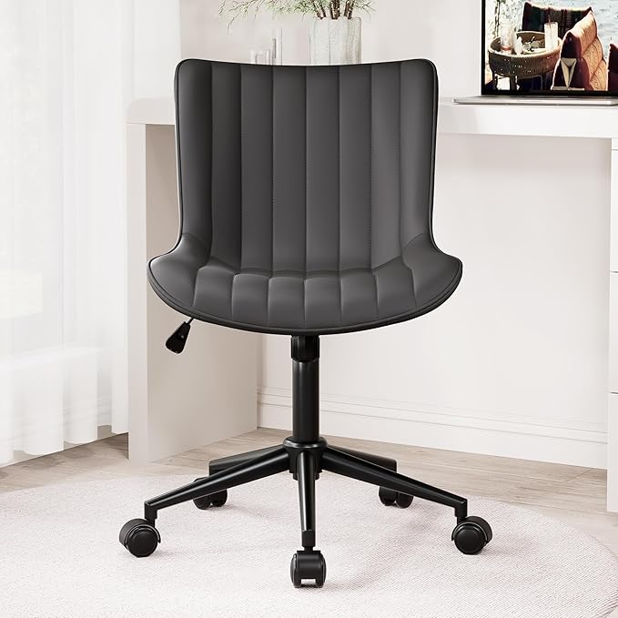 Kidol & Shellder Black Leather Home Office Desk Chair with Wheels Modern Cute Armless Executive Swivel Vanity Chair with Comfy Padded Back Ergonomic Rolling Adjustable Computer Task Chair Small