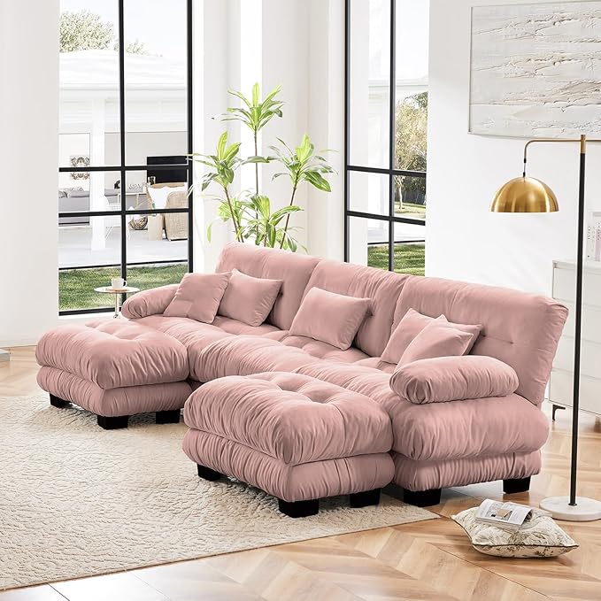 133.8" Oversized Couch, 3 Seater Modular Sectional Sofa, Pink Large U Shaped Sectional Fluffy Couch Set, Chenille Cloud Couch with Ottoman, Deep Seat Sofas for Living Room