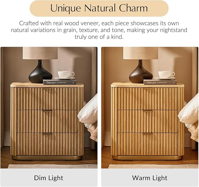 Fluted Nightstand with 3 Drawers, Modern End Table with Charging Station, USB Type-C Ports & Metal Frame for Bedroom,Natural