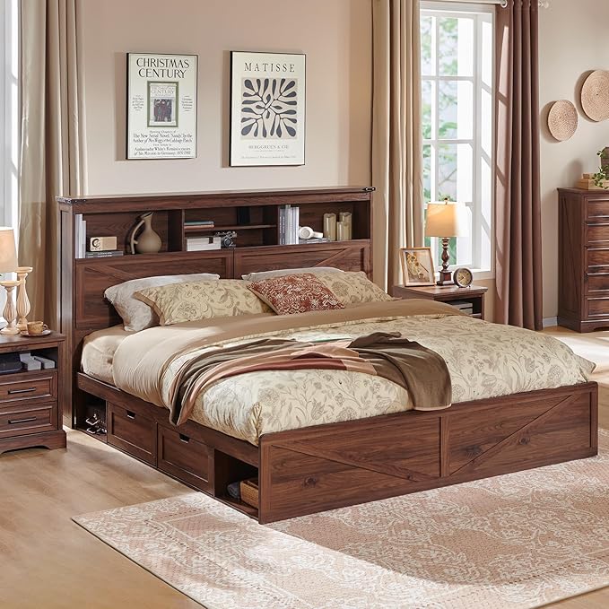 ACCOHOHO Farmhouse King Size Bed Frame with 52" Tall Storage Headboard and LED Light,Wood Platform Bed Frame with 4 Drawers and Charging Station,Solid Wood Slats Support,No Box Spring Needed,Brown