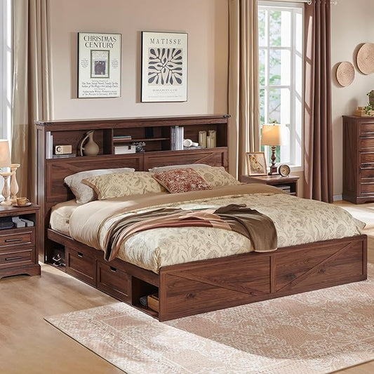 ACCOHOHO Farmhouse King Size Bed Frame with 52" Tall Storage Headboard and LED Light,Wood Platform Bed Frame with 4 Drawers and Charging Station,Solid Wood Slats Support,No Box Spring Needed,Brown