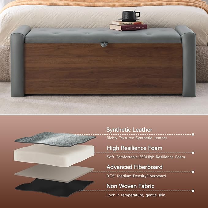 48" Large Storage Ottoman Bench, Faux Leather Upholstered Bed Bench with Button Tufted, End of Bed Ottoman with Safety Hinge for Bedroom, Living Room, Window，or Entryway, Olive Gray Shoe Storage Chest