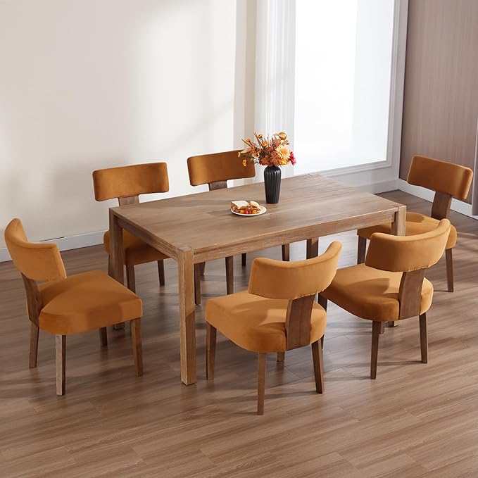 Velvet Dining Chairs Set of 6 Modern Dining Chair with Wood Legs, Upholstered Dining Chairs for Dining Room, Kitchen, Vanity, Living Room, Yellow Brown