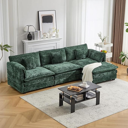 112" Modular Sectional Sofa with Movable Ottoman, L Shaped Couches for Living Room, 3 Seater Comfy Cloud Couch with Removable Cover, Armrest Pillow (Green)