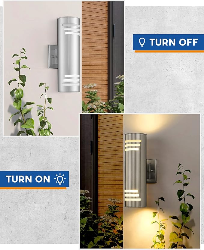 TENGXIN 2 Pack Outdoor Wall Light,Up Down Modern Outdoor Wall Sconce with Stainless Steel Cylinder,Brushed Nickel Exterior Lighting Fixtures