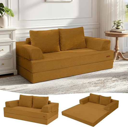 COMAX Convertible Sofa Bed, Folding Floor Couch Corduroy Fold Out Couch Bed Futon Sleeper Mattress with Pillows, Boneless Sofa Comfy Lounge Loveseat for Living Room Bedroom, Yellow