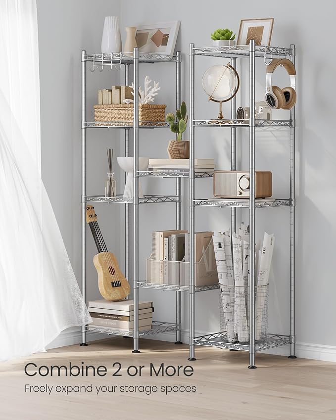 SONGMICS 5-Tier Bathroom Shelf, Storage Rack for Small Space, with 5 PP Shelf Liners, Removable Hook, Extendable Design, Silver and Translucent ULGR023S01