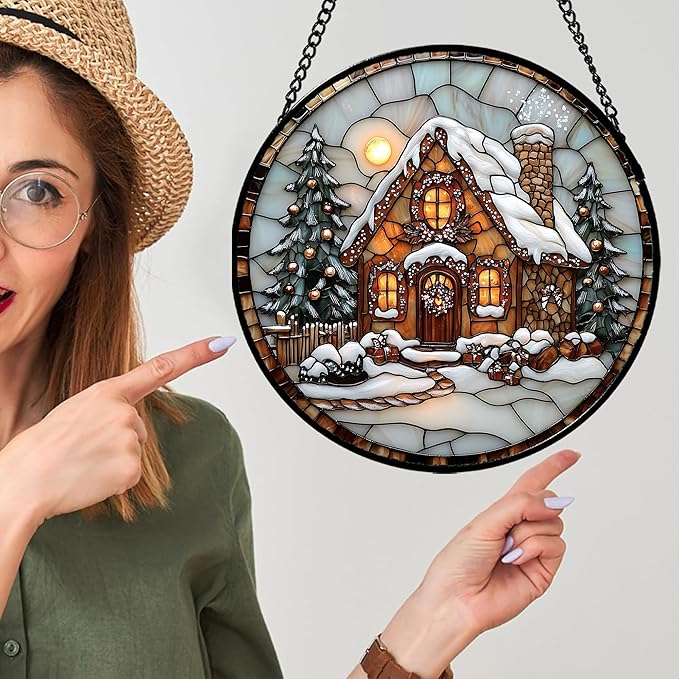 Stained Glass Window Hanging - Christmas Tree Cottage Sun Catcher for Door Garden Home Winter Decor Snowy Night Suncatcher Mother's Day Birthday Gifts for Women Men Mom Nana 6.3 in