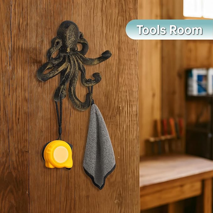 Octopus Cast Iron Wall Hook – Nautical Decorative Key Holder, Coastal Ocean Theme Animal Hook for Entryway, Bathroom, or Bedroom, Heavy Duty Antique Bronze