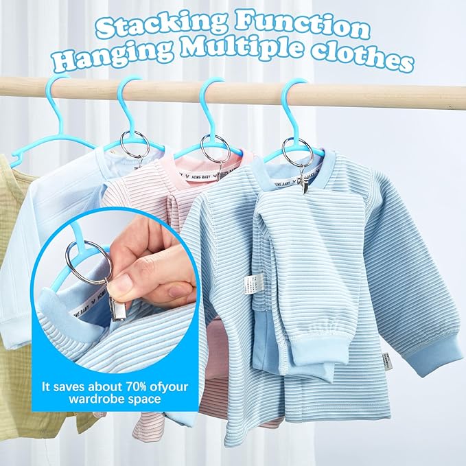 Baby Hangers with Metal Ring Clips, Children Plastic Hanger for Kids Pants Clothes Closet, 20 Pack, Blue