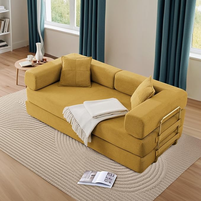 Antetek Convertible Futon Sofa Bed, 3-Seater Modern Corduroy Foam Floor King Size Bed Foldable Sleeper Lounge Loveseat Sofa Couch with 2 Throw Pillows for Living Room Bedroom Guest Room, Yellow