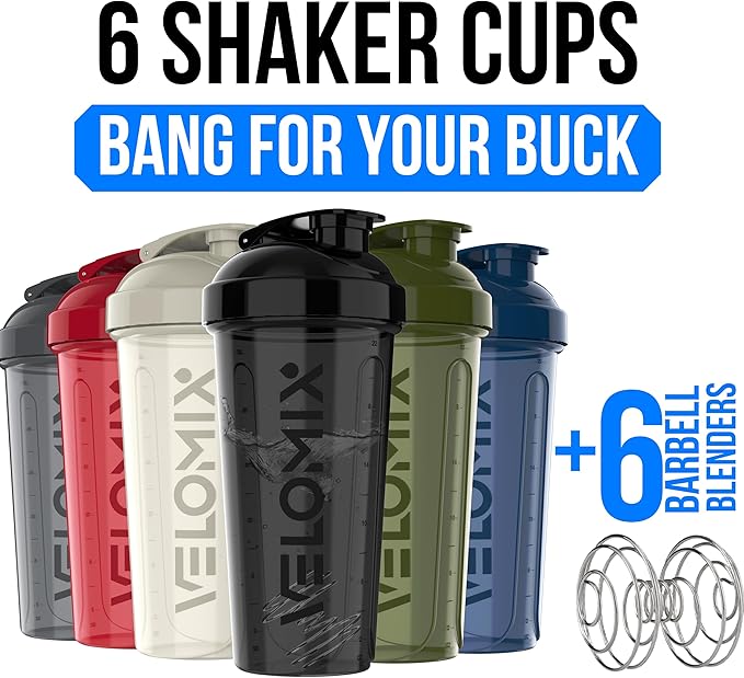 VELOMIX -6 PACK- Shaker Cups for Protein Shakes 28 oz - 6x Wire Whisk | Leak Proof Protein Shaker Bottle for Protein Shakes, Shaker Bottle Pack for Pre & Post Workout (Stealth Edition)