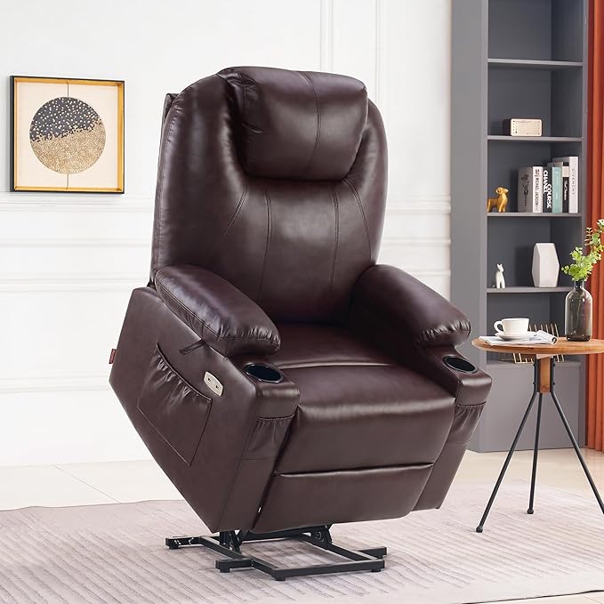 MCombo Large Power Lift Recliner Chair with Massage and Heat for Tall Elderly People, 3 Positions, Cup Holders, and USB Ports, Faux Leather 7516 (Large, Dark Brown)