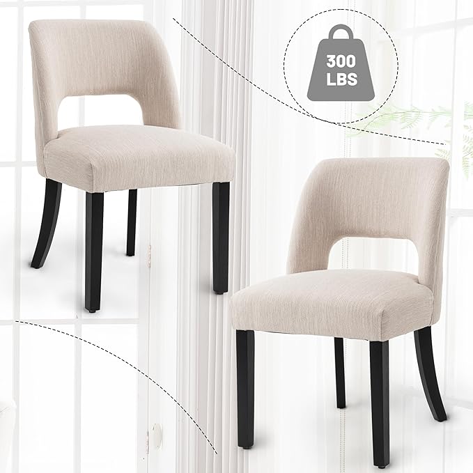 VKNOW Wooden Dining Chairs Set of 4, Modern Fabric Upholstered Dining Room Chair Kitchen Chairs, Farmhouse Dinner Chair for Kitchen Dining Room, Beige-Black Legs