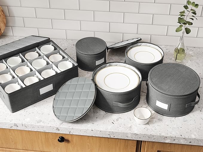 Hard Shell China Storage Containers – 6 Piece Set for Storing Dinner Plates, Salad Plates, Mugs, Quilted Dividers for Safe Moving and Seasonal Storage, Grey