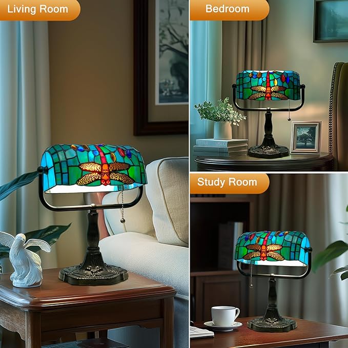 Vintage Tiffany Style Bankers Lamp - Stained Glass Desk Lamp with Pull Chain, Dragonfly Design Table or Desks Light LED Bulb Included, Bankers Desk Lamps for Office Living Room Study Room