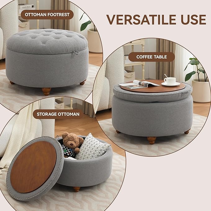 30Inch Round Storage Ottoman with Tray, Modern Tufted Fabric Circle Coffee Table with Storage, Upholstered Ottoman with Removable Top for Living Room, Bedroom, Light Grey