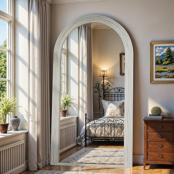 Antok Full Length Mirror 82"×44" Floor Mirror Standing Tall Mirror, Arched Stand up Large Wall Mirrors, Freestanding Full Body Mirrors for Bedroom Living Room Wood Vintage Style White