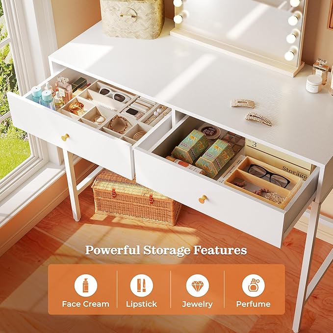 SUPERJARE 39.4" White Desk with 2 Drawers, Modern Makeup Vanity Desk, Small Computer Desk Home Office Desk for Writing Study Bedroom