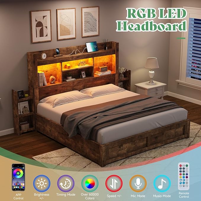 AMERLIFE Full Bed Frame with 4 Storage Drawer, LED Bed Frame with 49.6" Tall Bookcase Headboard, Wood Platform Bed with Charging Station & 2 Slide Bedside Shelf, No Box Spring Needed/Rustic Brown