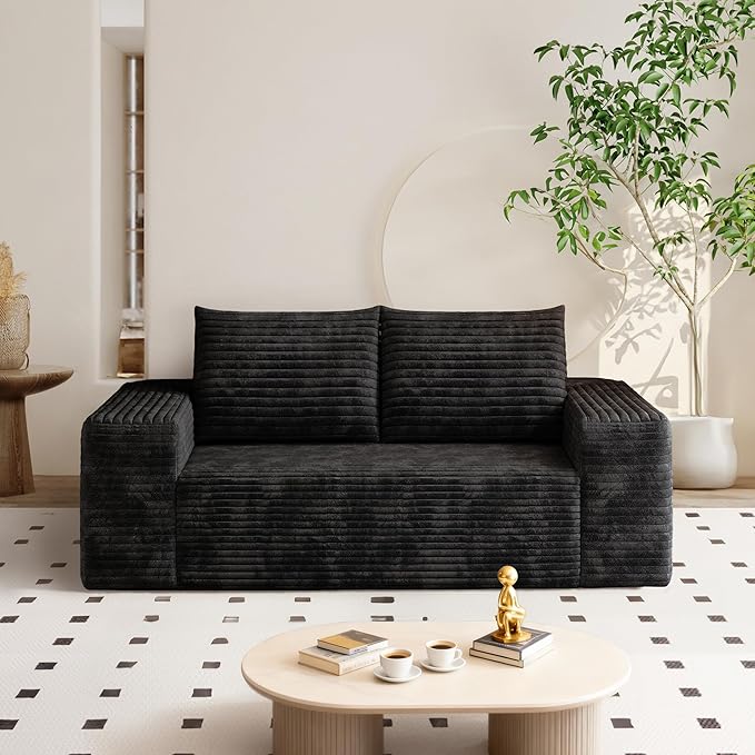 63" Corduroy Loveseat Sofa, 2-Seater Cloud Couch, Boneless Couch in a Box, Comfy Deep Seat Sofa with Memory Foam, Pillows and Wide Armrests, Modern Small Couches for Small Spaces, No Assembly (Black)