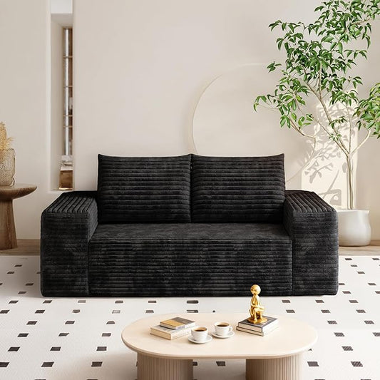 63" Corduroy Loveseat Sofa, 2-Seater Cloud Couch, Boneless Couch in a Box, Comfy Deep Seat Sofa with Memory Foam, Pillows and Wide Armrests, Modern Small Couches for Small Spaces, No Assembly (Black)