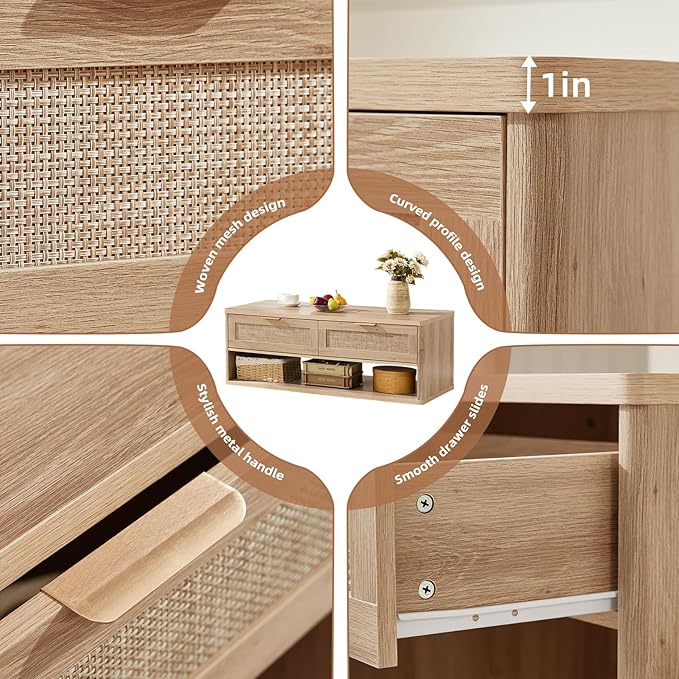 LEYAOYAO Boho Rattan Coffee Table Sets 3 Pieces, Nightstand with Charging Station and Coffee Table with Hidden Storage Compartment, Natural Living Room Table Set, Wood Furniture Sets for Home Office