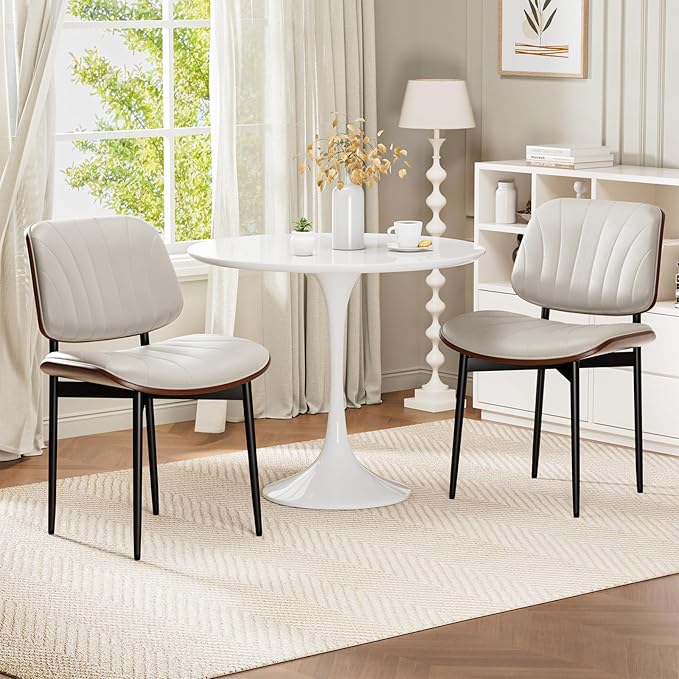 Dining Chairs Set of 6, Mid-Century Modern Upholstered PU Leather Chairs with Walnut Bentwood Back and Metal Legs Adjustable Feet for Kitchen Dining Room, Off-White Shell Strips