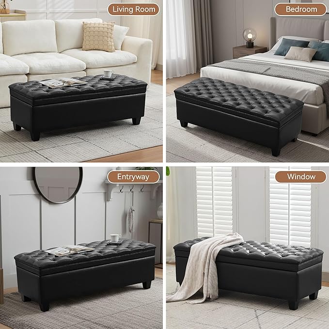 50" Faux Leather Storage Ottoman Bench, Upholstered Rectangle End of Bed Storage Ottoman Tufted Living Room Bedroom Bench with Safety Hinge, Solid Wood Legs, Loads 500 lb(Black)