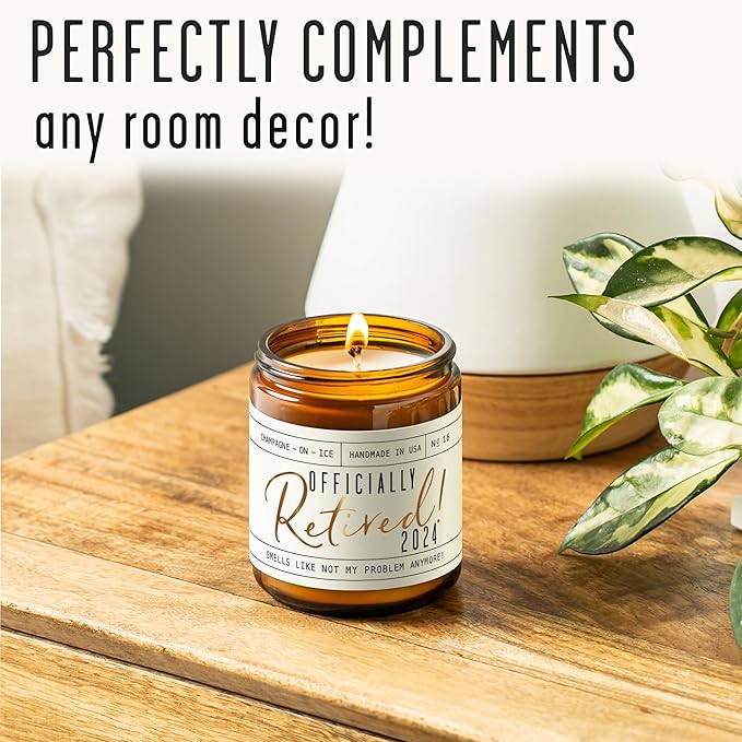 Retirement Gift for Woman - 'Officially Retired 2024' Candle, w/Champagne on Ice I Happy Retirement Gifts for Women 2024 I Retired Gifts for Women I 50Hr Burn, Made in USA