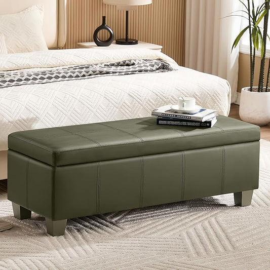 51" Faux Leather Storage Ottoman, Stitch Tufted Rectangle Upholstered End of Bed Storage Bench, Entryway Large Couch Ottoman with Wooden Legs,Green