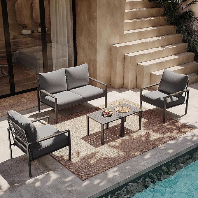 Metal Patio Furniture Set, 5-Piece Modern Patio Set with Sofa and Coffee Tables, Outdoor Furniture Set for Garden, Backyard, Balcony, Poolside (Dark Grey)