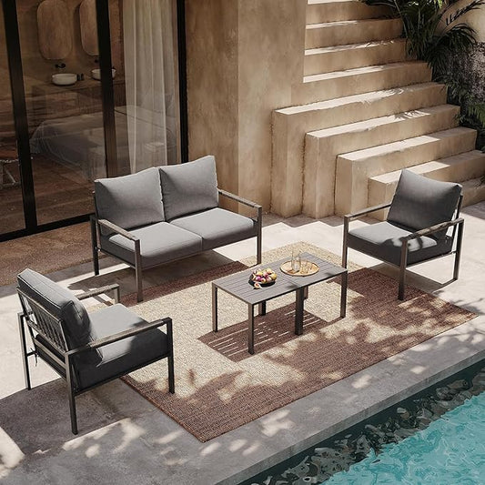Metal Patio Furniture Set, 5-Piece Modern Patio Set with Sofa and Coffee Tables, Outdoor Furniture Set for Garden, Backyard, Balcony, Poolside (Dark Grey)