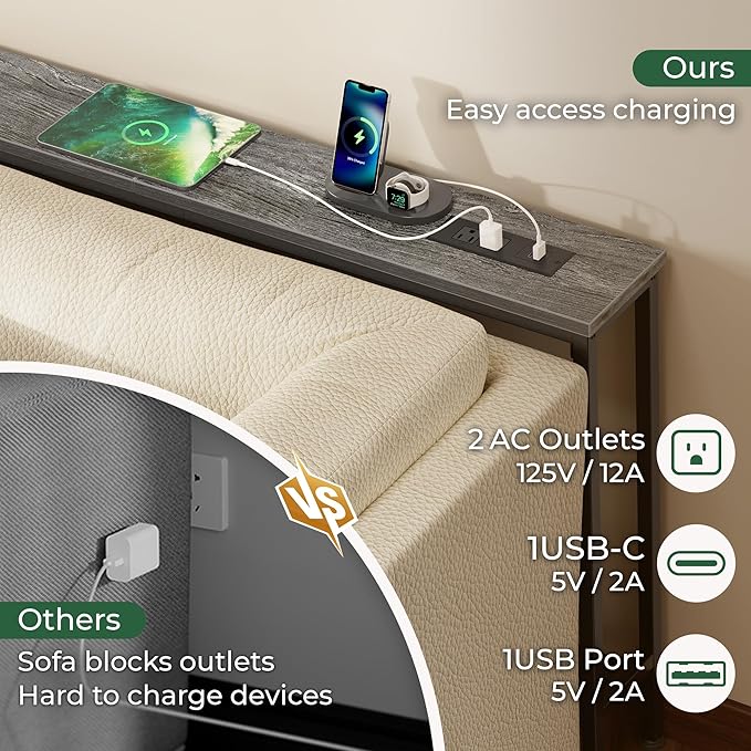 SUPERJARE 102.4 Inch Sofa Table with Power Outlets and USB-C Ports, 5.9 Inch Narrow Console Tables, Entryway Hallway Couch Tables with Storage, Behind Sofa, Small Spaces, Living Room, Grey