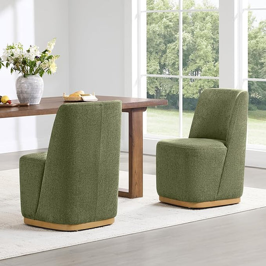 CHITA Upholstered Rolling Dining Chair on Casters Set of 2, FSC Certified Modern Fabric Dining Chair with Casters, Boucle Dining Chairs for Reading Room Kitchen Dining Room, Moss Green