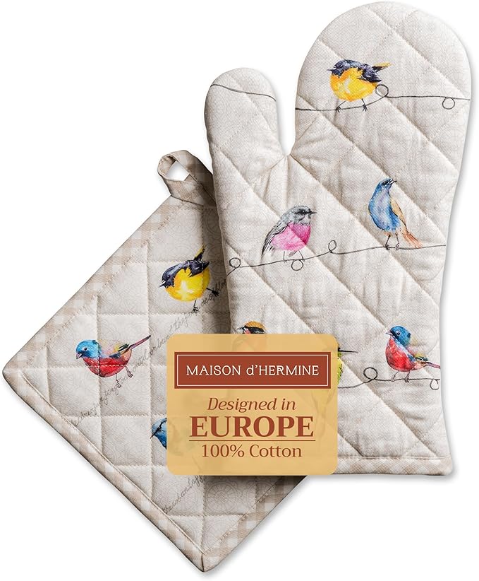 Maison d' Hermine 100% Cotton Oven Mitt & Pot Holder Set (7.5"x13" & 8"x8") Heat Resistant BBQ Cooking Gloves with Loop, Baking, Grilling, Kitchen, Handling Hot Pans Spring/Summer (Birdies On Wire)