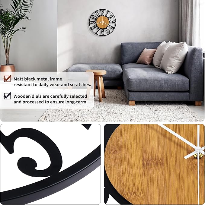 Maxstar Wall Clock Battery Operated,Silent Non-Ticking Modern Rustic Metal Round Clocks Small for Living Room/Bedroom/Office/Kitchen/Farmhouse Home Decor-14 Inch(Yellow-Wood)