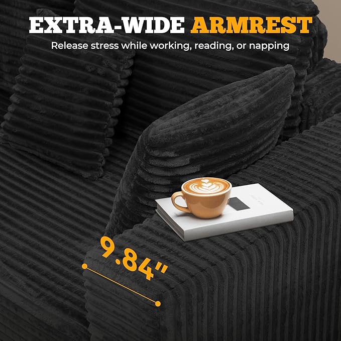 113" Modular Sectional Sofa, Convertible U-Shaped Cloud Couches for Living Room with Ottoman, 5 Seater Corduroy Boneless Couch Sofa Set, No Assembly Required, Black 1 PCS