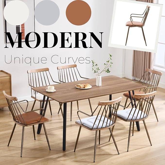 Modern Dining Chairs Set of 6, PU Upholstered Dining Chairs with Metal Legs, Wood Kitchen Chairs with Fence-Like Back and Curved Arm for Dining Room Kitchen Restaurant Reception (Brown)