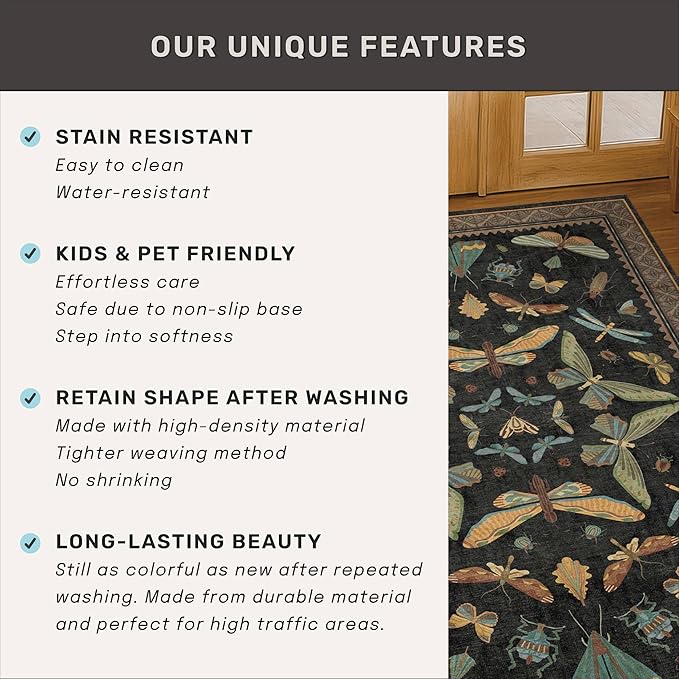 Black Front Door Mat Indoor Entrance Non Slip Washable - 3x4 Throw Rug for Kitchen, Mudroom, Bedroom Bedside, Insect Boho Vintage Aesthetic Décor