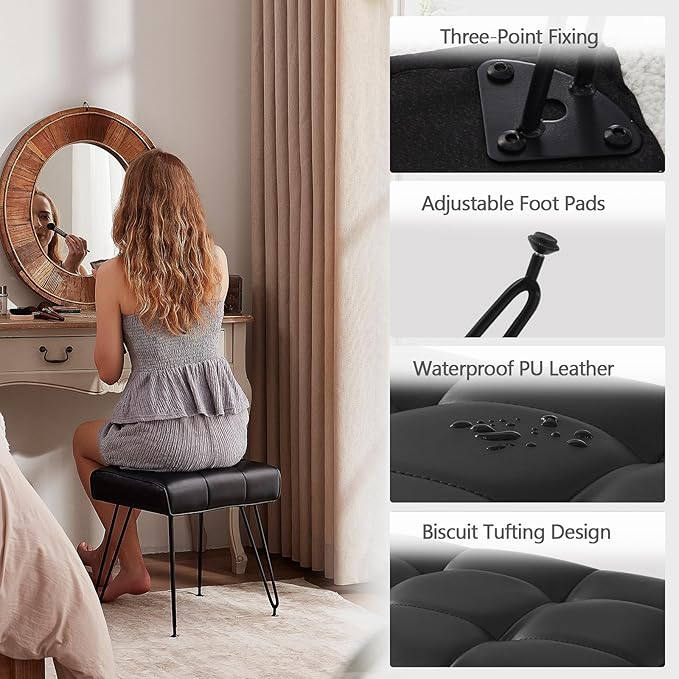 PU Leather Vanity Stools, Vanity Stool Chairs for Makeup Faux Leather Foot Stools Ottoman with Metal Leg Make up Chairs for Vanity Small Bench Seat for Living Room Bedroom (Black)