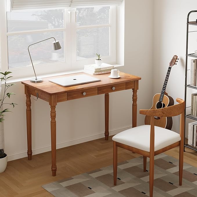 40 Inch Mid Century Modern Desk - Rubber Wood Desk with Drawers, Writing Desks with Drawers, Mid Century Desks for Bedroom, Living Room & Office, Walnut Color