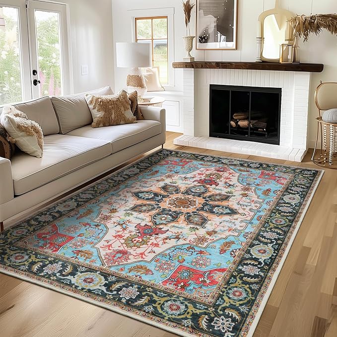 WILLSUN Washable Area Rugs, 4x6 Non-Slip Boho Large Area Rugs for Living Room, Bedroom, Machine Washable Vintage Rug, Indoor Floral Print Carpet for Home Decor, Kid & Pet Friendly Mat
