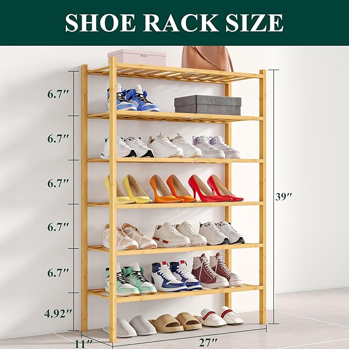 Smiry Shoe Rack, 6 Tier Bamboo Shoe Organizer, Stackable Free Standing Wooden Shoe Storage Shelf for Closet, Entryway, Front Door Entrance, Natural