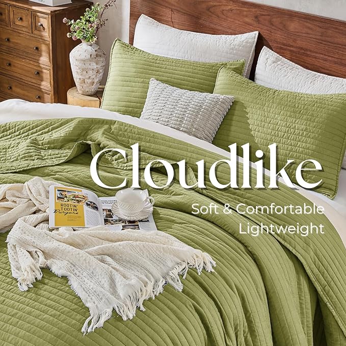 DOWN HOME Queen Quilt Bedding Set with Shams, Vintage Washed Soft Quilted Blanket Thin Comforter Lightweight Bedspread Coverlet Bed Cover, Brushed Microfiber Stripe Stitching, Golden Olive, 86"x90"
