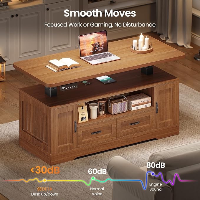 SEDETA 47.2" Electric Standing Coffee Table with Storage, Farmhouse Lift Top Coffee Table with Drawers and Open Shelves, Height Adjustable Tables with Power Outlet, for Living Room, Brown