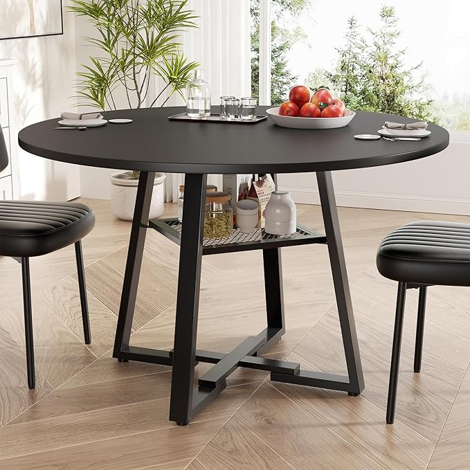 Round Dining Table for 2-4 People,42 Inch Dining Room Table,Modern Circle Kitchen Table with Storage Shelf and Metal Legs for Dining Room,Kitchen,Black (Table Only)