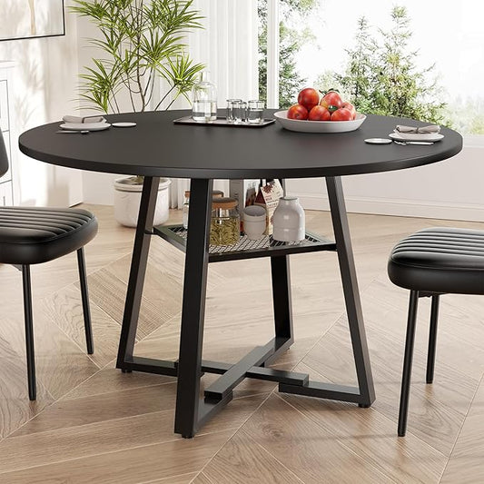 Round Dining Table for 2-4 People,42 Inch Dining Room Table,Modern Circle Kitchen Table with Storage Shelf and Metal Legs for Dining Room,Kitchen,Black (Table Only)